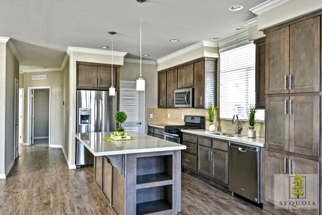 Kitchen with mesquite flat panel cabinets